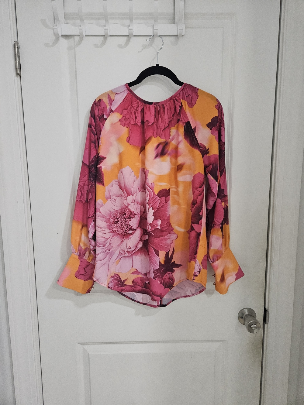 Karen Millen Pink and Yellow Floral Ruffle-Neck Blouse